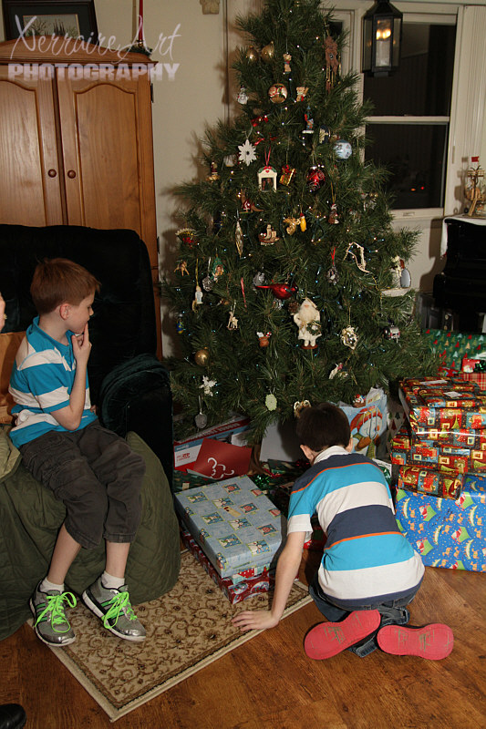 After a very nice turkey dinner, the boys are first to attack the presents.