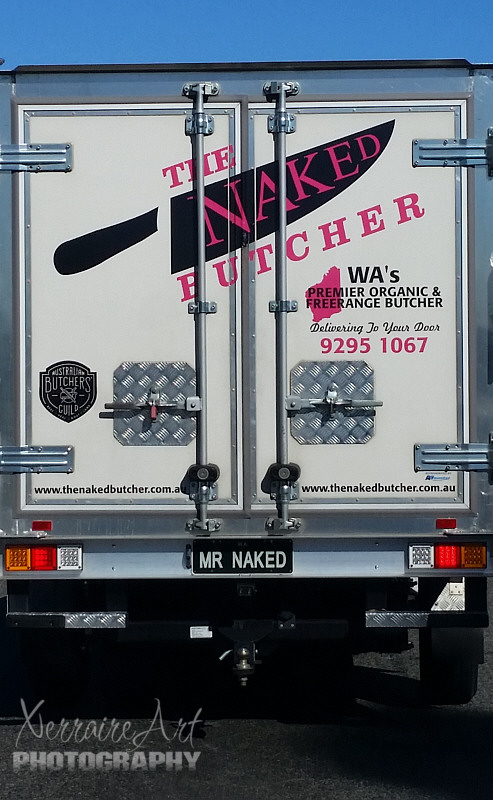 Heading south, on the highway, this was a silly start to our day. The truck, I suppose a butcher by trade, has a sense of humor.