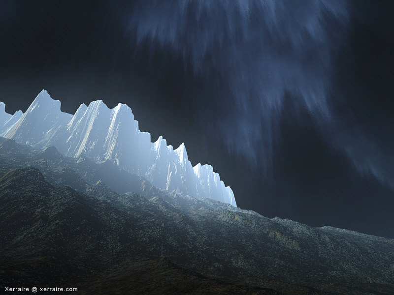 dark skies well lit peaks in Terragen