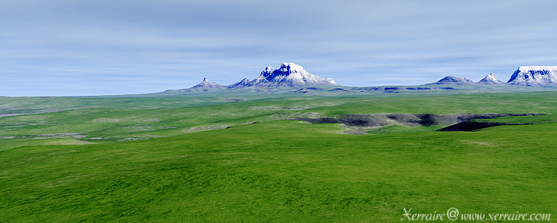 Panorama Terragen mountains and lavender grass by Oshyan Greene