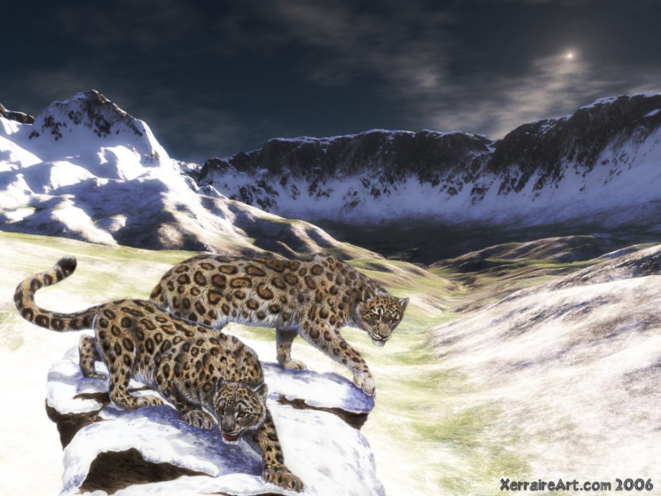 Snow leopards, snow scene in Terragen