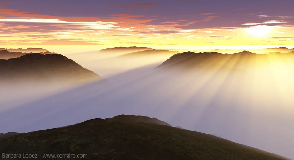 Mountains, sunset, rays, everything you could want in a Panorama Terragen