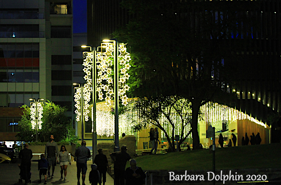 cascade of lights across the street at the Library