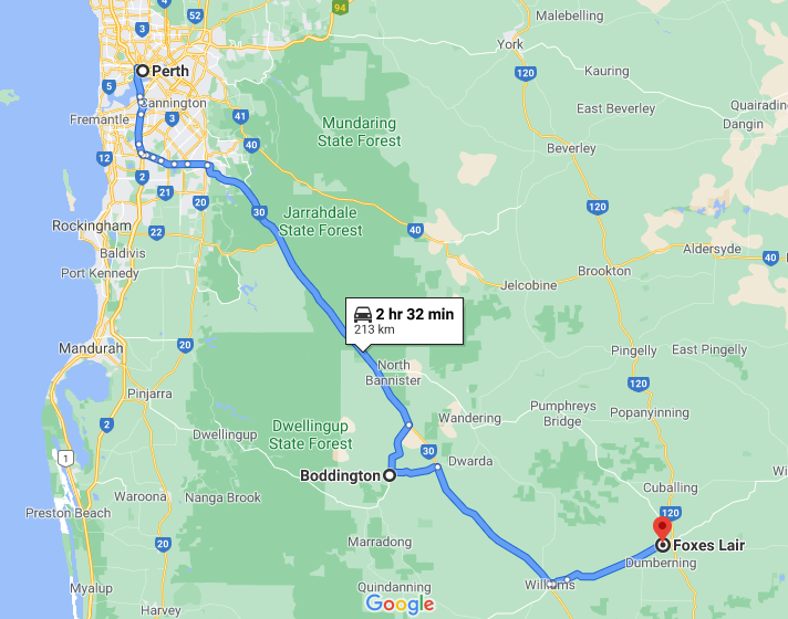 map from Perth to Boddington to Foxes Lair