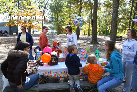 Later, it was time for cake so we found a spot in the woods with tables.