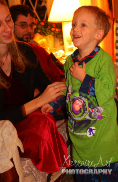 Silas tries on one of Uncle Meek and Jenny's gift.